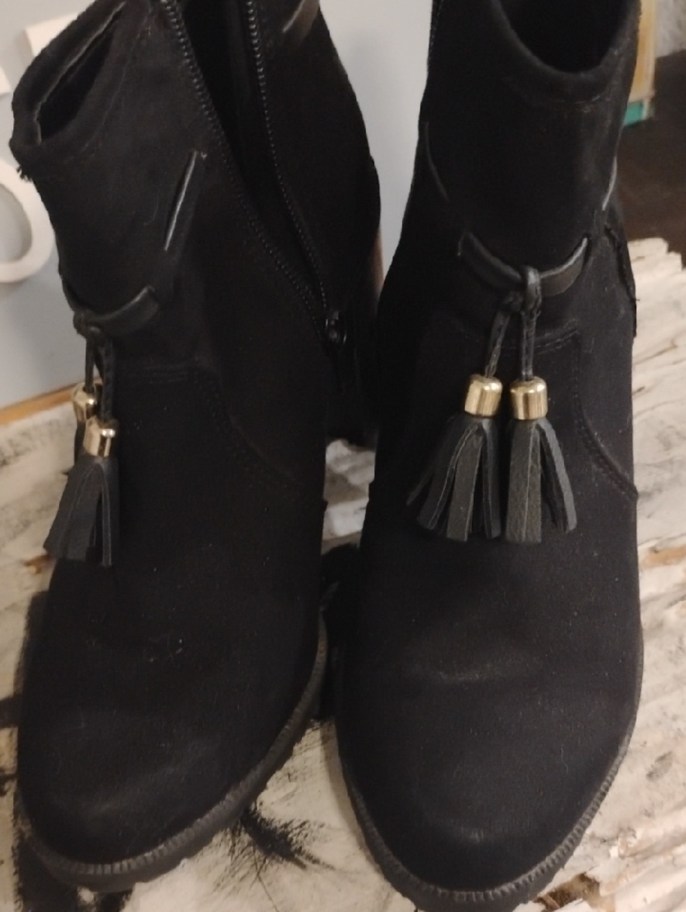 Black Jaclyn Smith Women's Suede Ankle Boots with Tassel Accent